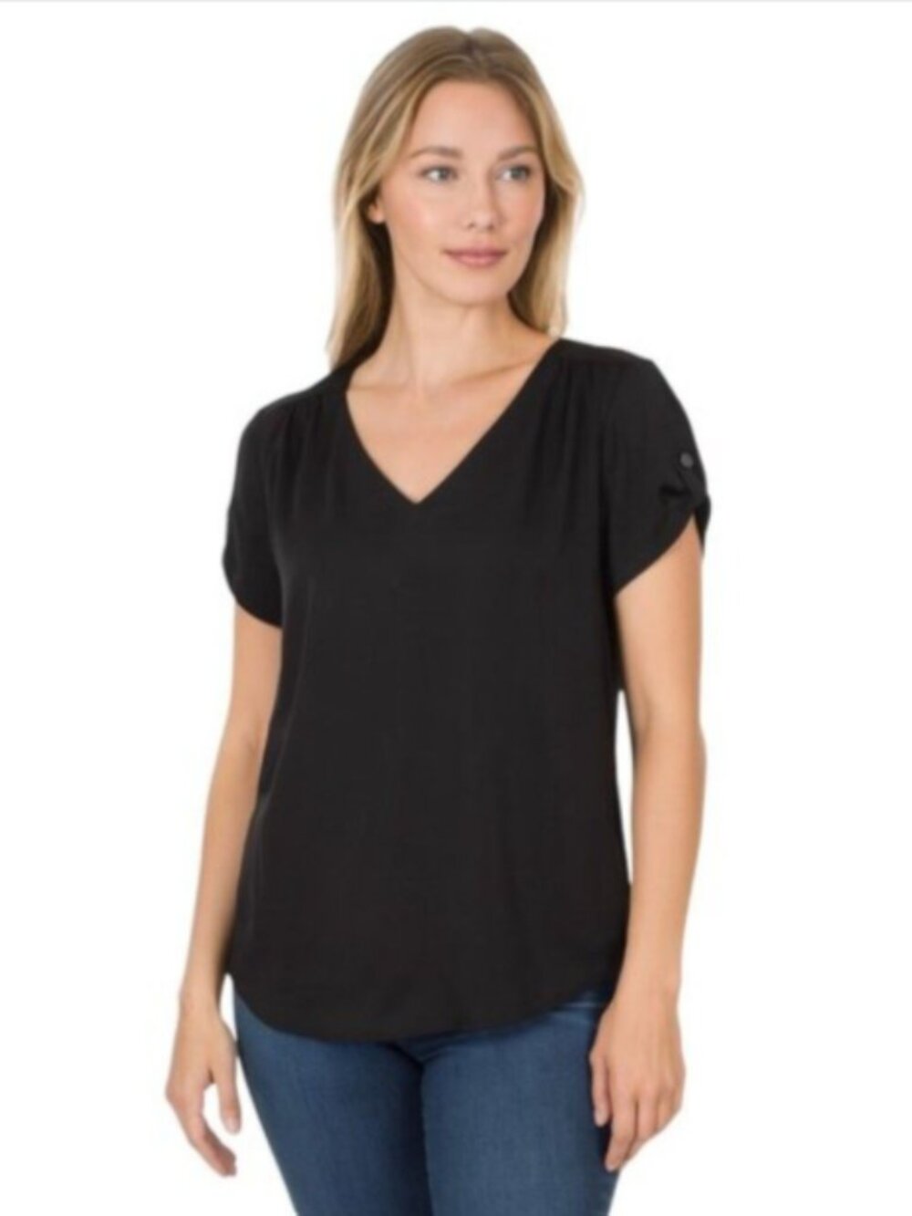 Lily Star X-Small Black Sheer Blouse Short Sleeve V-Neck High Low Hem